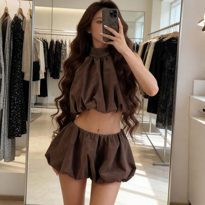 Set: Plain Ruched Cropped Halter Top + Low Rise Mini A-Line Skirt