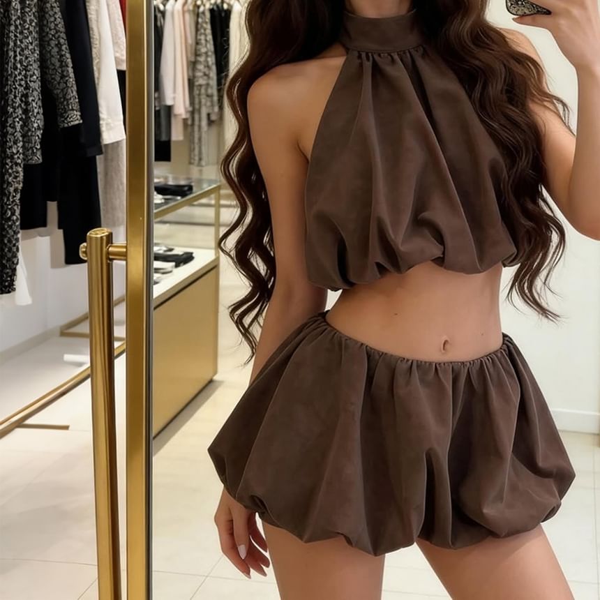 Set: Plain Ruched Cropped Halter Top + Low Rise Mini A-Line Skirt