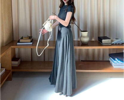 Set: Short Sleeve Crew Neck Plain T-Shirt + High Waist Maxi A-Line Skirt