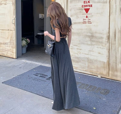 Set: Short Sleeve Crew Neck Plain T-Shirt + High Waist Maxi A-Line Skirt