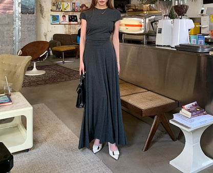 Set: Short Sleeve Crew Neck Plain T-Shirt + High Waist Maxi A-Line Skirt