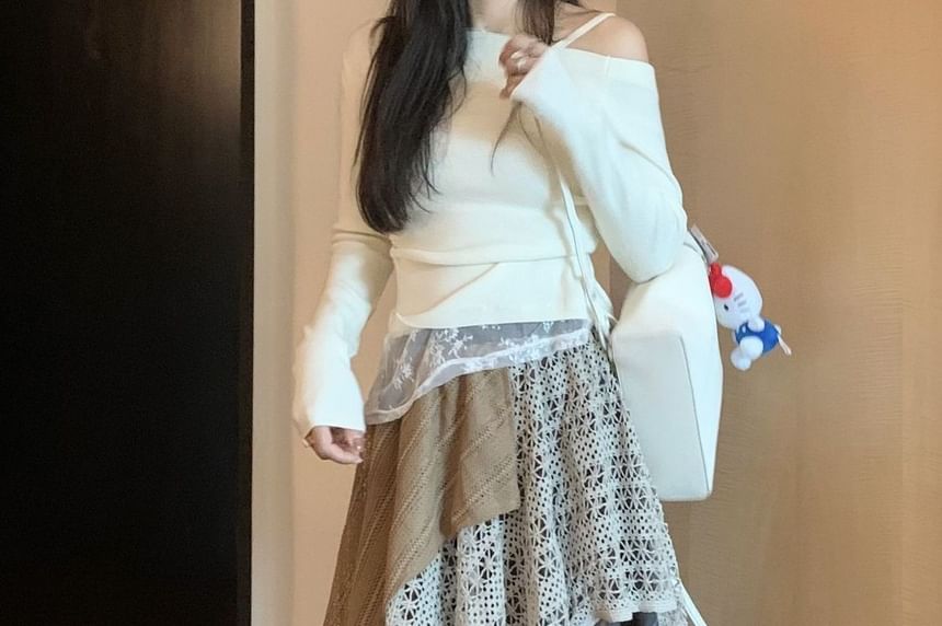 High Waist Lace Overlay Plaid Maxi A-Line Skirt
