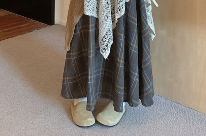 High Waist Lace Overlay Plaid Maxi A-Line Skirt