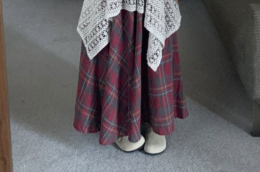 High Waist Lace Overlay Plaid Maxi A-Line Skirt