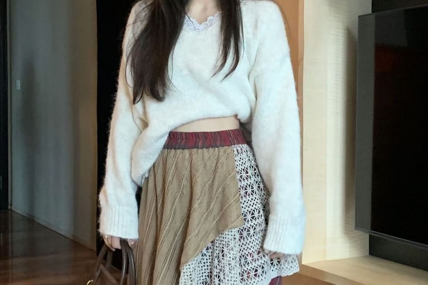 High Waist Lace Overlay Plaid Maxi A-Line Skirt