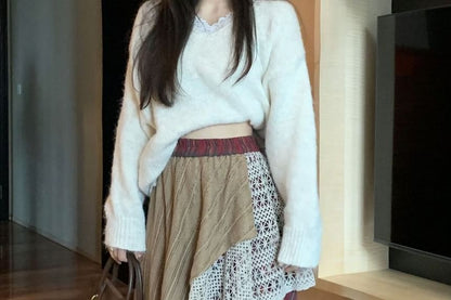High Waist Lace Overlay Plaid Maxi A-Line Skirt