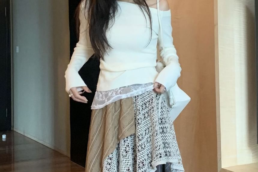 High Waist Lace Overlay Plaid Maxi A-Line Skirt