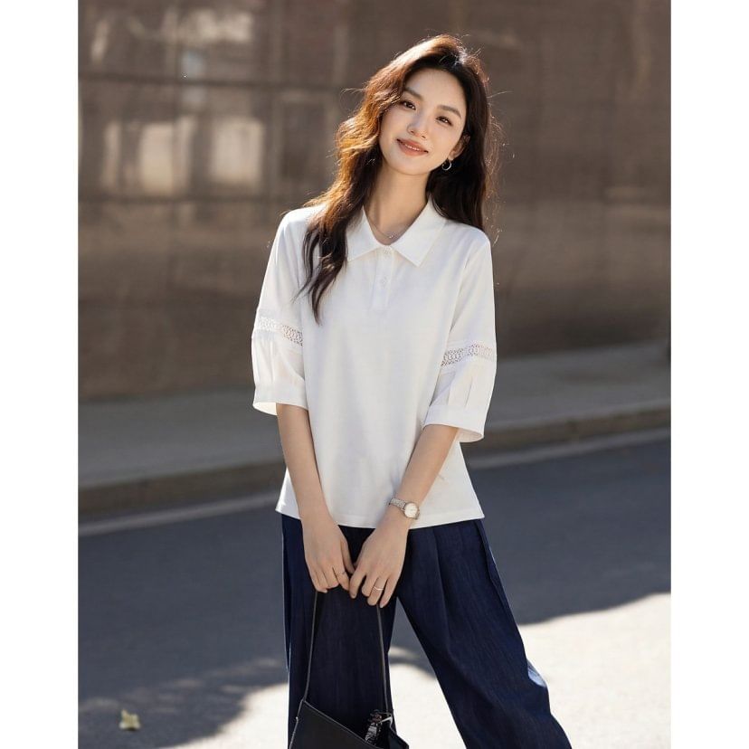 Elbow-Sleeve Collar Plain Lace Trim T-Shirt