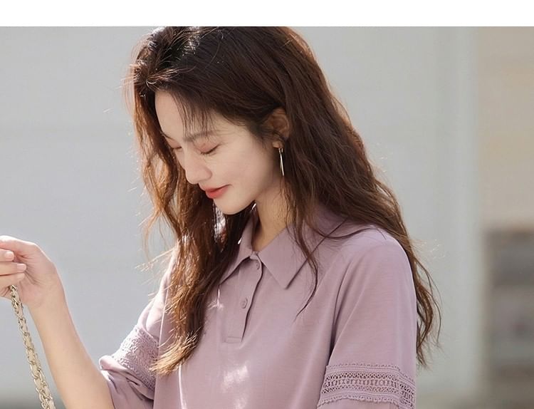 Elbow-Sleeve Collar Plain Lace Trim T-Shirt