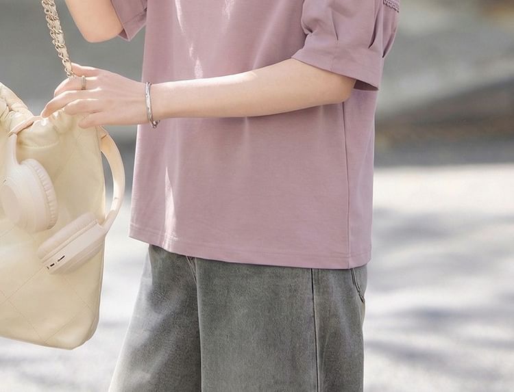 Elbow-Sleeve Collar Plain Lace Trim T-Shirt
