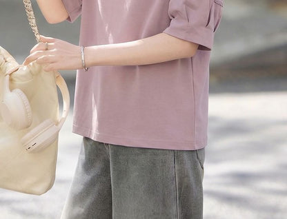 Elbow-Sleeve Collar Plain Lace Trim T-Shirt