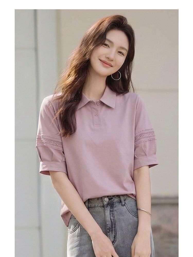 Elbow-Sleeve Collar Plain Lace Trim T-Shirt