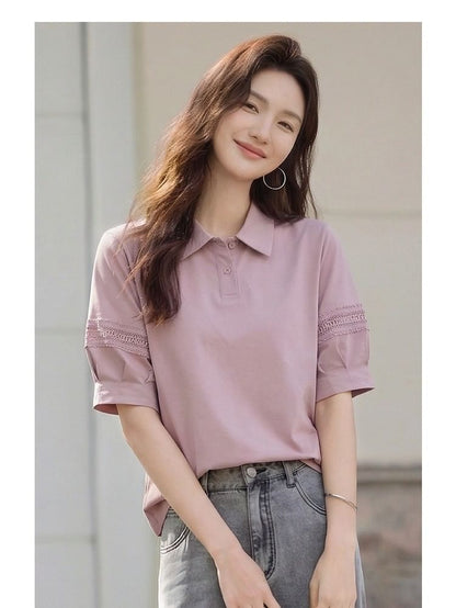 Elbow-Sleeve Collar Plain Lace Trim T-Shirt