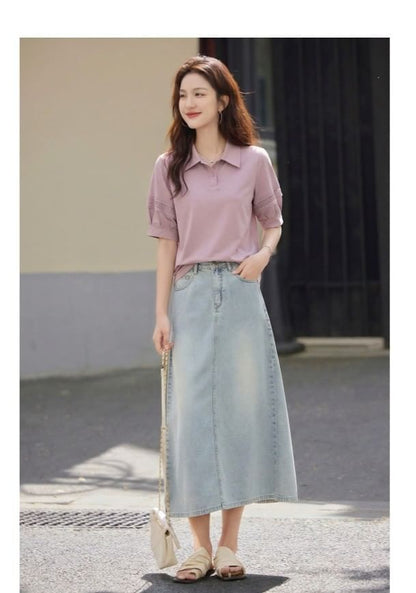 Elbow-Sleeve Collar Plain Lace Trim T-Shirt