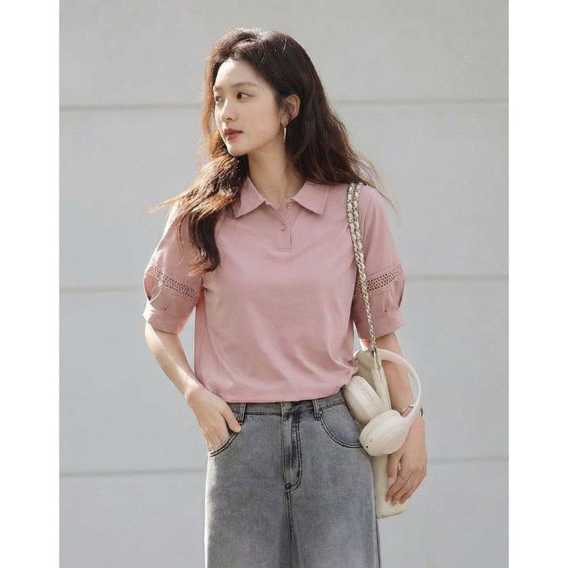 Elbow-Sleeve Collar Plain Lace Trim T-Shirt