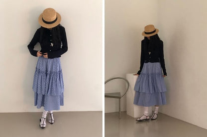 Elastic Waist Layered Panel Midi A-Line Skirt