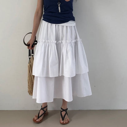 Elastic Waist Layered Panel Midi A-Line Skirt