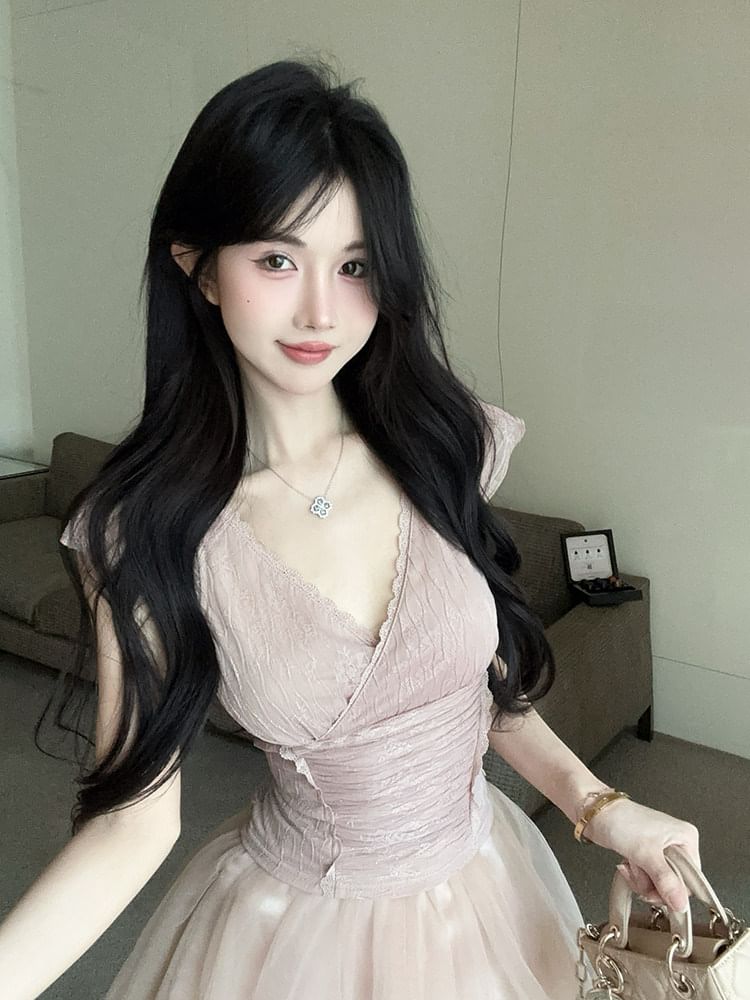 Cap-Sleeve V-Neck Ruched Lace Crop Top / High Waist Plain Mesh Mini A-Line Skort
