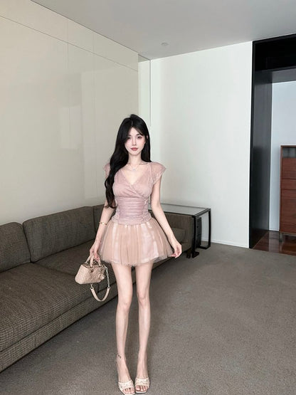 Cap-Sleeve V-Neck Ruched Lace Crop Top / High Waist Plain Mesh Mini A-Line Skort
