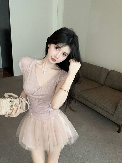 Cap-Sleeve V-Neck Ruched Lace Crop Top / High Waist Plain Mesh Mini A-Line Skort