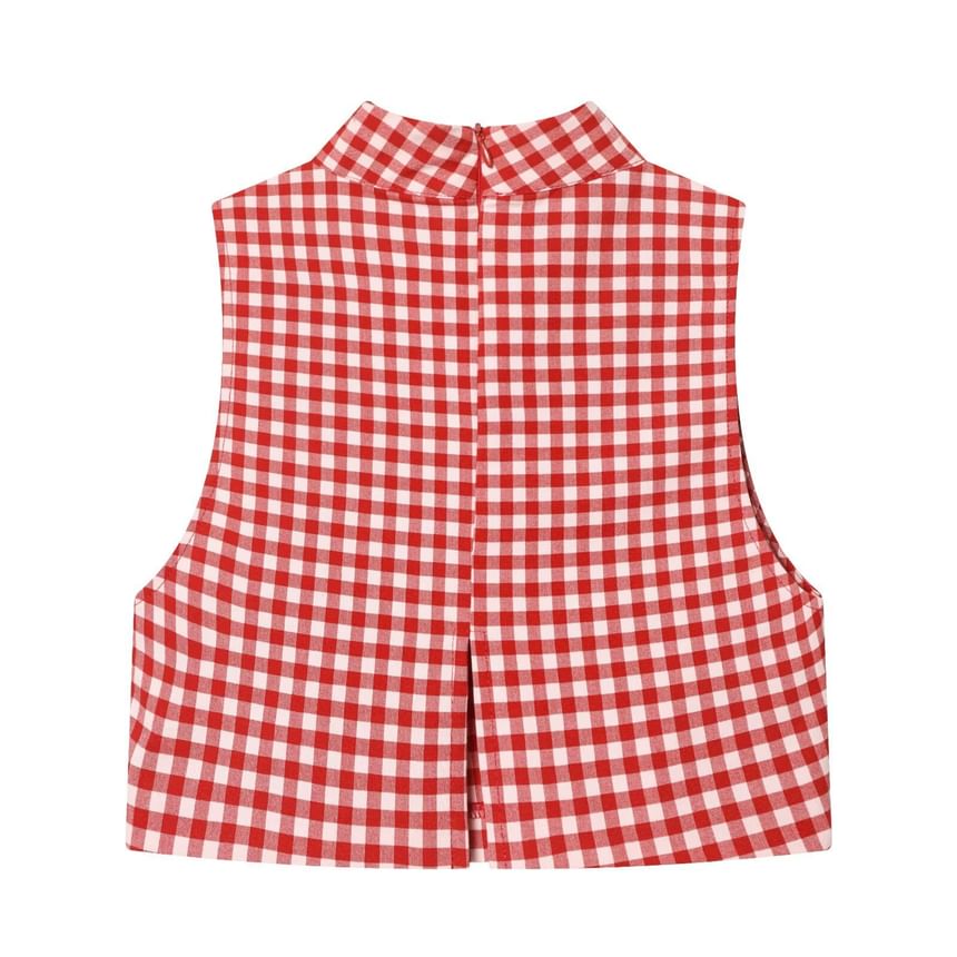 Mock Neck Gingham Slit Crop Tank Top / Mid Rise Ruched Cropped Straight Leg Pants