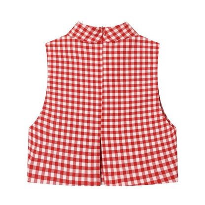 Mock Neck Gingham Slit Crop Tank Top / Mid Rise Ruched Cropped Straight Leg Pants