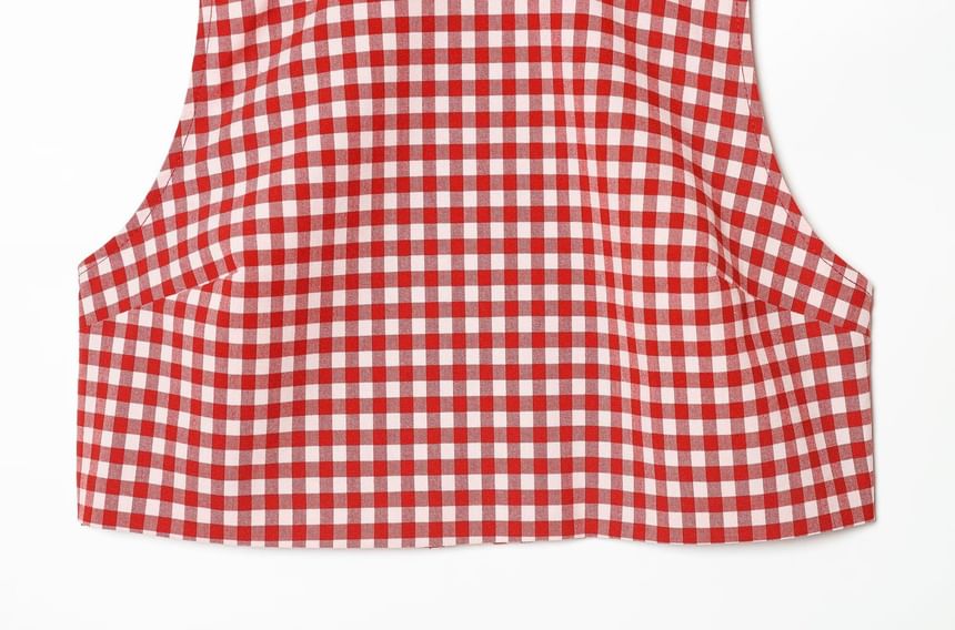Mock Neck Gingham Slit Crop Tank Top / Mid Rise Ruched Cropped Straight Leg Pants