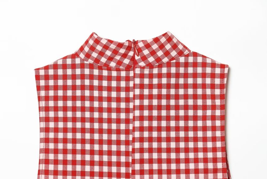 Mock Neck Gingham Slit Crop Tank Top / Mid Rise Ruched Cropped Straight Leg Pants