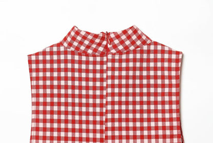 Mock Neck Gingham Slit Crop Tank Top / Mid Rise Ruched Cropped Straight Leg Pants