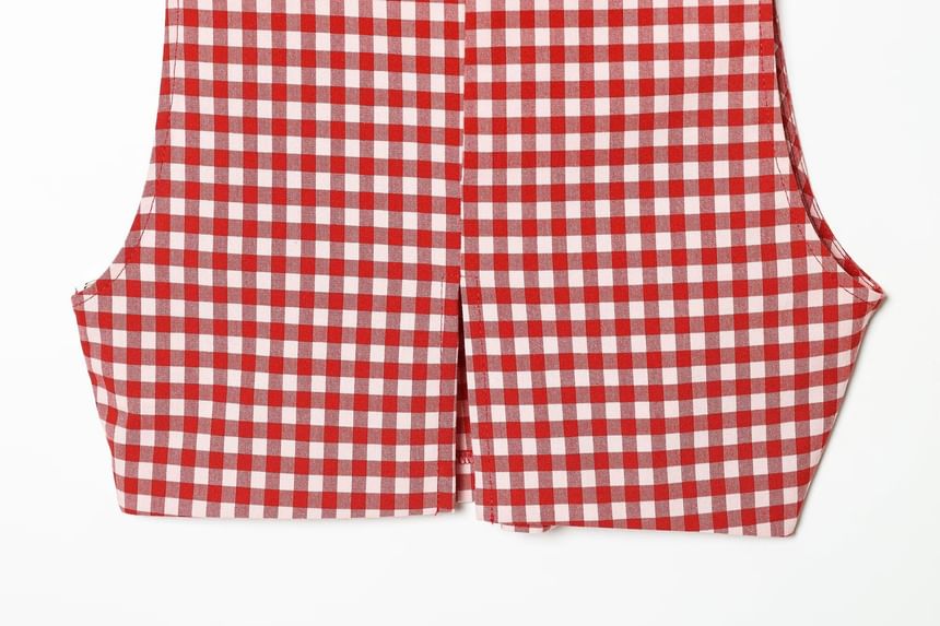 Mock Neck Gingham Slit Crop Tank Top / Mid Rise Ruched Cropped Straight Leg Pants