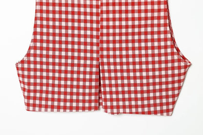 Mock Neck Gingham Slit Crop Tank Top / Mid Rise Ruched Cropped Straight Leg Pants