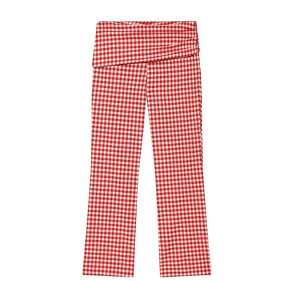 Mock Neck Gingham Slit Crop Tank Top / Mid Rise Ruched Cropped Straight Leg Pants