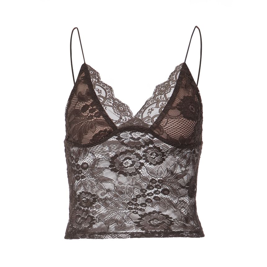 V-Neck Lace See-Through Slim-Fit Crop Camisole Top