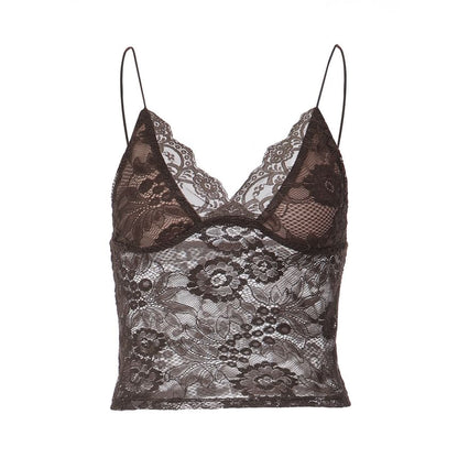 V-Neck Lace See-Through Slim-Fit Crop Camisole Top