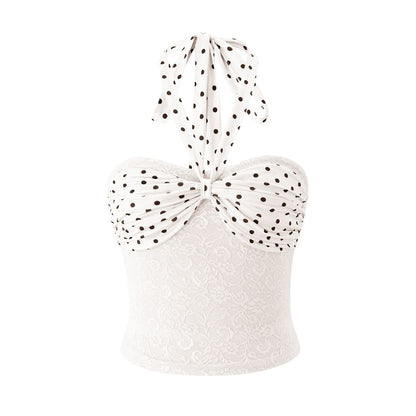 Set: Halter Neck Polka Dot Lace Panel Tank Top + Low Waist Mini Skirt