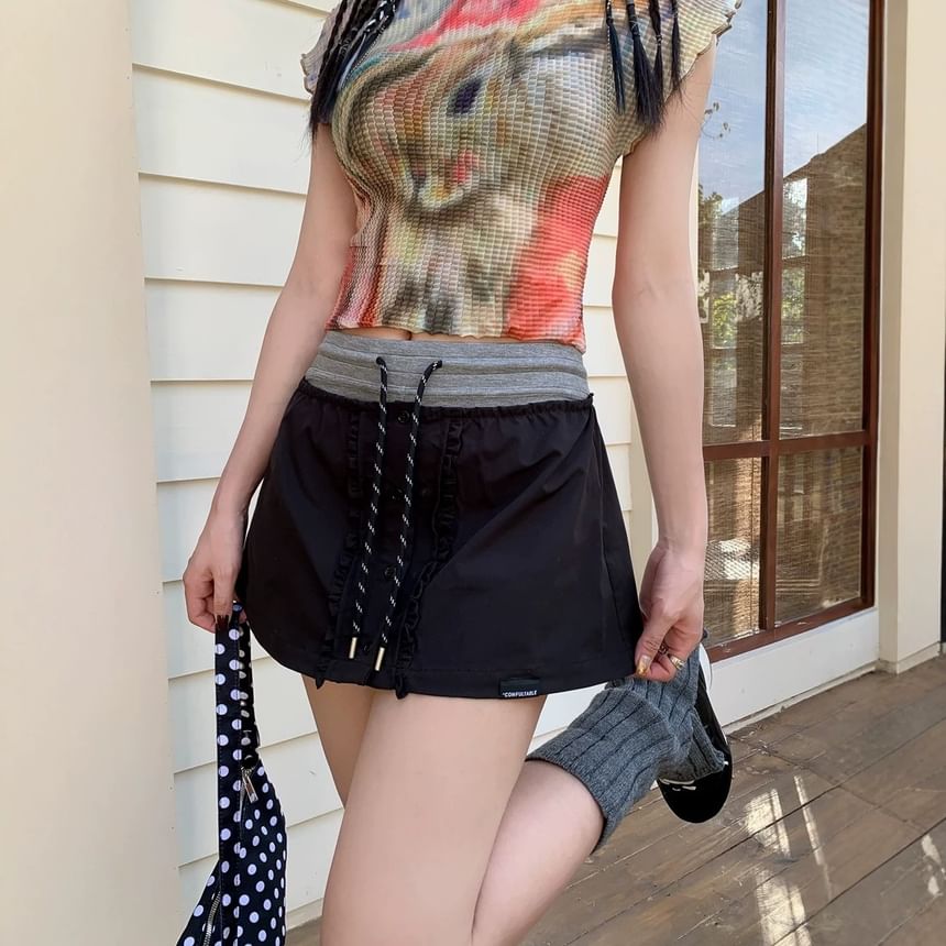 High Waist Color-Block Ruffled Mini A-Line Skirt