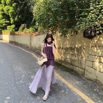 Dotted Sheer Loose-Fit Camisole Top / High Waist Plain Ruched Maxi Skirt