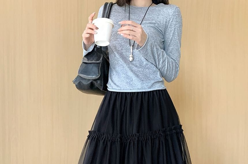 High Waist Plain Ruffled Sheer Maxi A-Line Skirt