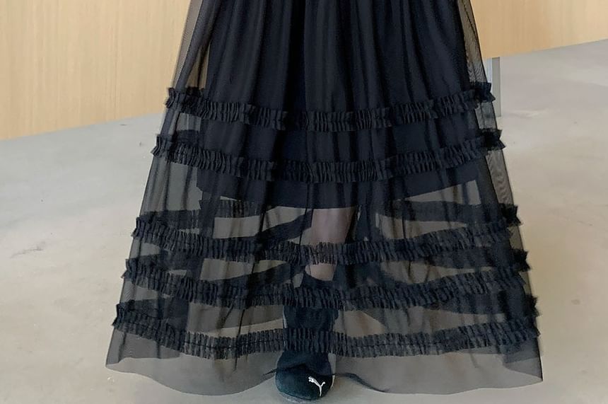 High Waist Plain Ruffled Sheer Maxi A-Line Skirt