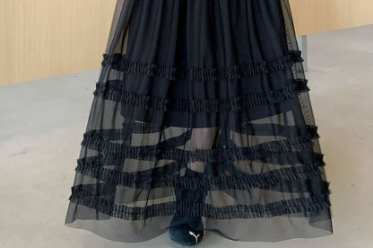 High Waist Plain Ruffled Sheer Maxi A-Line Skirt