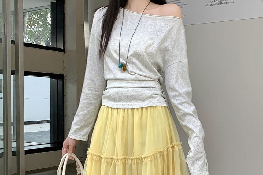High Waist Plain Ruffled Sheer Maxi A-Line Skirt