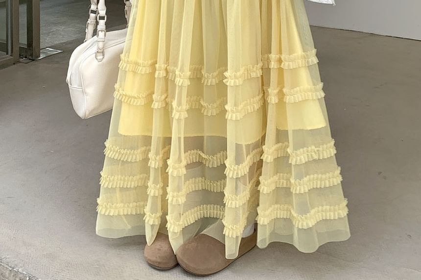 High Waist Plain Ruffled Sheer Maxi A-Line Skirt