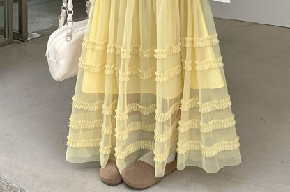 High Waist Plain Ruffled Sheer Maxi A-Line Skirt