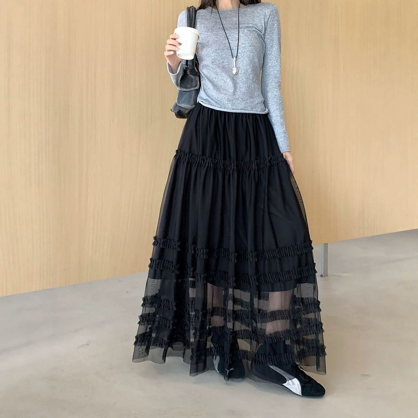 High Waist Plain Ruffled Sheer Maxi A-Line Skirt