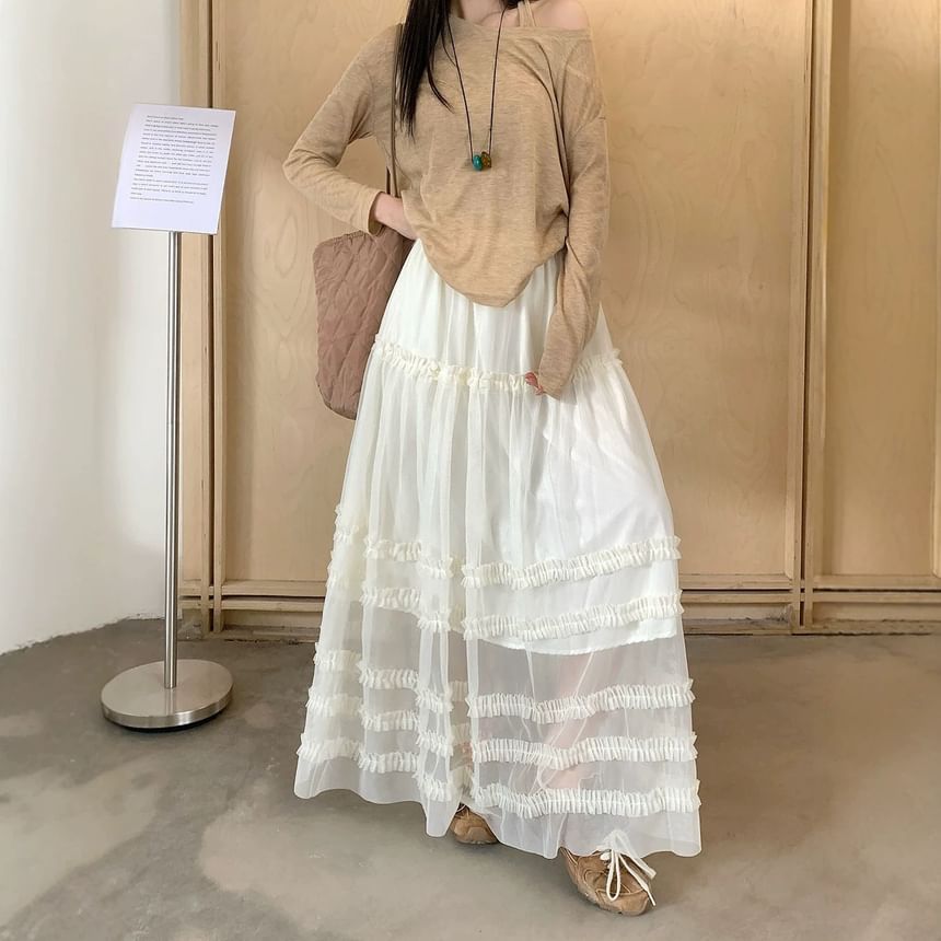 High Waist Plain Ruffled Sheer Maxi A-Line Skirt