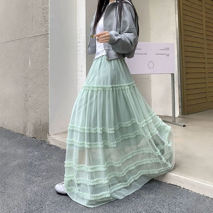 High Waist Plain Ruffled Sheer Maxi A-Line Skirt
