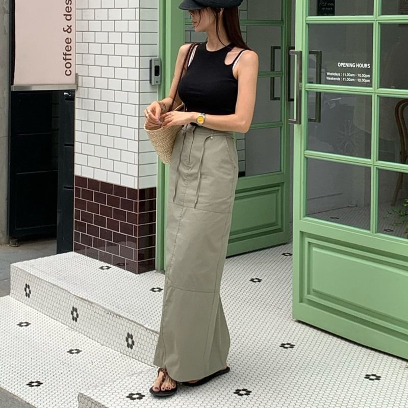 High Waist Plain Cargo Maxi Pencil Skirt