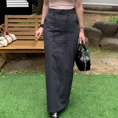 High Waist Plain Cargo Maxi Pencil Skirt