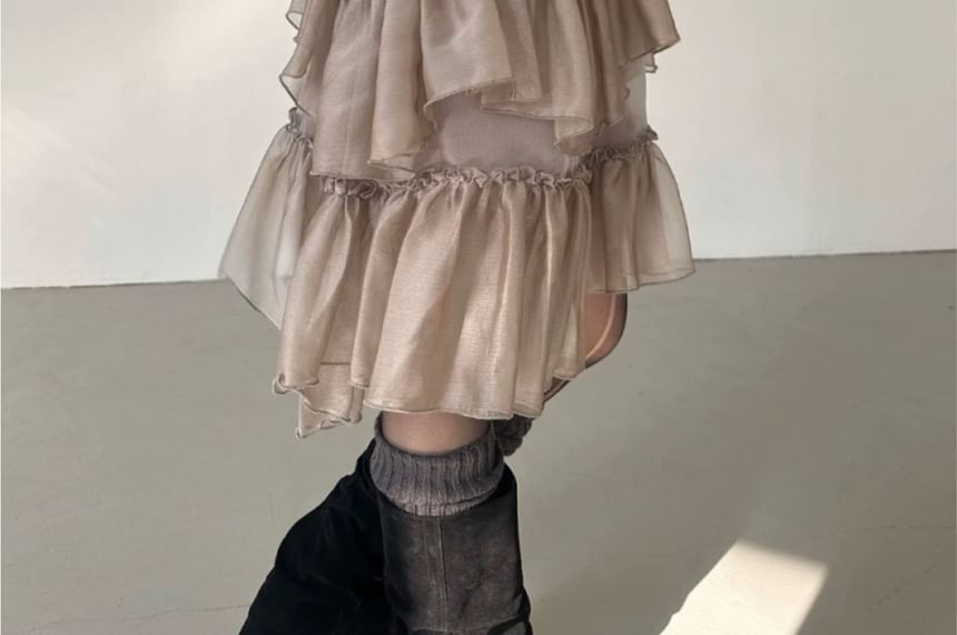 High Waist Mesh Panel Ruffled Mini Skirt