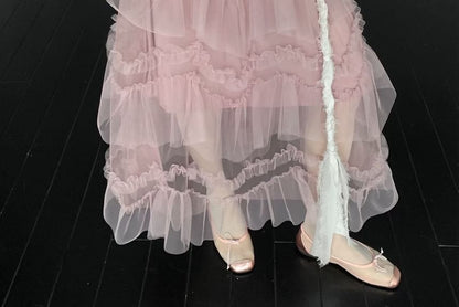 Mid Rise Plain Ruffle Maxi Tiered Skirt